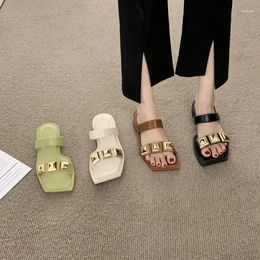 Slippers 2024 Summer Fashion Trendy Flat Low Heel Square Toe-Shaped Open Toe Metal Ankle-Strap Buckle Women's