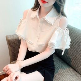 Women's Blouses Women Sexy Off Shoulder Lace Up Chic Sweet Shirts Trendy Casual Ruffle Tierred White Short Sleeve Kawaii Tops Y2K Blusas