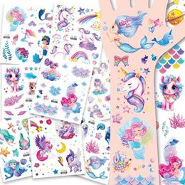 Tattoo Transfer 12 Sheets Glitter Unicorn Mermaid Temporary Tattoo Stickers For Kids Cartoon Rainbow Tattoos Cute Waterproof Body Art Fake Tatoo 240427