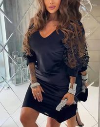 Casual Dresses For Women Spring Autumn Butterfly Pattern Velvet Mesh Patch Solid V-Neck Three Quarters Sleeve Mini Dress
