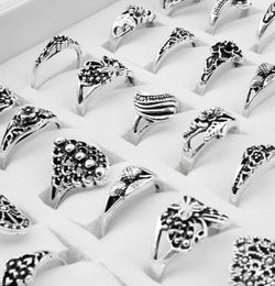 100 Pieces Mix Retro Ring Whole Men Clover Flower Charm Antique Silver Plated Statement Small Vintage Ring for Women2833579