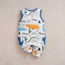 Rompers Baby clothing cute cartoon animal print casual and comfortable soft summer round neck sleeveless baby jumpsuit for boys and girlsL24F