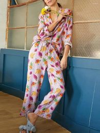 Women's Sleepwear Women Pajama Set Fruit Print Long Sleeve Button Closure Tops With Pants Loungewear