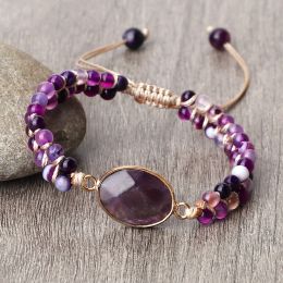 Strands Purple Crystal Agate Stone Wrap Bracelet Charm String Braided Yoga Beaded Bracelets Bangles Bohemian Gift Jewelry for Women Men