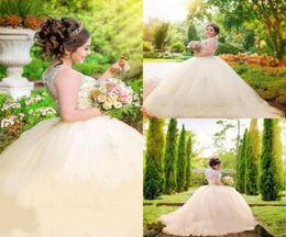 Gorgeous Champagne Princess Quinceanera Dresses Ball Gown Sheer Neck Major Beaded Custom Made Prom Gowns 15 Year Wear2502785