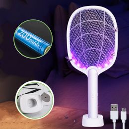 Zappers 2 In 1 Mosquito racket USB Rechargeable Fly Zapper Swatter with Purple Lamp Seduction Trap Summer Night Baby Sleep Protect tools