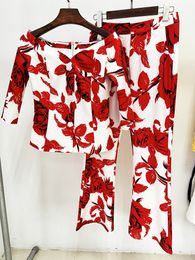 422 XXL 2024 Spring Summer Two Pieces Sets Slash Neck Coat Flora Print Long Pants Empire Long Sleeve Empire oulaid