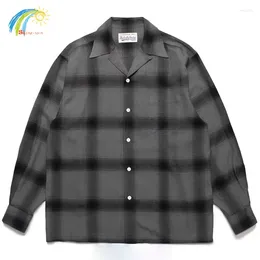 Men's Casual Shirts 2024 Hawaiian Fashion WACKO MARIA Chequered Plaid Long Sleeved Shirt Grey Lapel Men Women Quality Tops