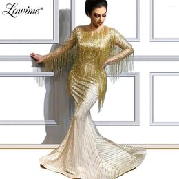 Party Dresses Gold Beading Tassel Evening Dress 2024 Glitter Mermaid Middle East Arabic Women Long Sleeves Pageant Occasion Prom