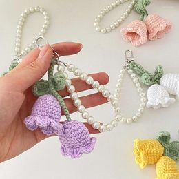 Keychains Handmade Knitted Lily Of The Valley Keychain Colourful Crocheted Wool Flower Key Chain Pendants Handbag Ornaments Accessories
