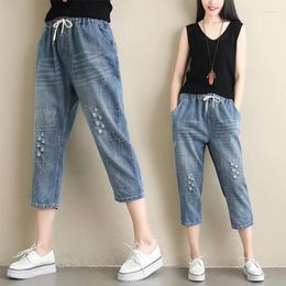 Women's Jeans Summer Korean Embroidered Denim Capris Versatile Elastic Waist Harlan Pants Trend