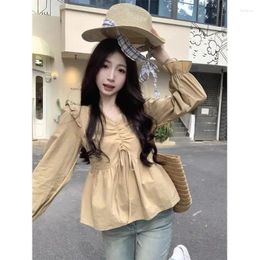 Women's Blouses Korejepo French Lotus Collar Top Loose Fashionable Back Lace Up Long Sleeved Shirt Women Spring Autumn Age Reducing Shirts