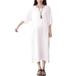 Party Dresses Spring Summer Women Full Dress Cotton Linen Mid Sleeve O-neck Solid Color Shirt Loose Home Wear White/Black/Red