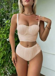 Women's Swimwear 2024 New Wrinkled Underwired Female Swimsuit High Waist Bikini Women Swimwear Solid Bikini Set Bather Bathing Suit Swim Female