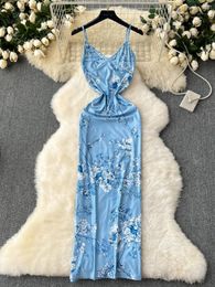 Casual Dresses Foamlina Blue Floral Print Spaghetti Strap Dress Women Summer Sexy V Neck Sleeveless Backless Slim Bodycon Party Holiday