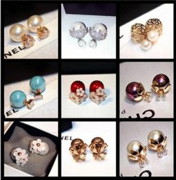 Double sided diamond flower pearl earrings new ins popular fashion designer stud earrings for women girls45919447847032