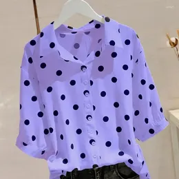 Women's Blouses Polka Dot Shirt Tops Short Sleeve Polo Neck Loose Thin All-match Fashion Blouse Summer Vintage Elegant Clothes