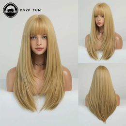 Synthetic Wigs Blond long straight hair wig womens with bangs heat-resistant synthetic Halloween role-playing daily natural Q240427