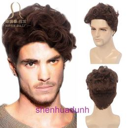 Brown naturally curled mens wig handsome and fashionable short straight curly hair