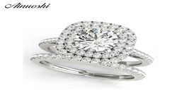 AINUOSHI 925 Sterling Silver Women Wedding Engagement Ring Sets Double Halo 1ct Round Cut Wedding Ring Sets anillos de plata Y20014367408