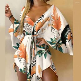 Casual Dresses Asymmetrical Hem Mini Dress Tropical Print Sexy Tie Front V Neck Women Beachwear Holiday Bohemian
