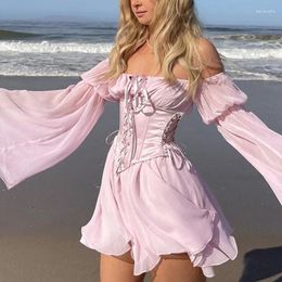 Belts Pink Dress Long Flared Sleeves Corset Women Clothing Summer Skirt Strapless With Hollow Waist Shaping Bandage