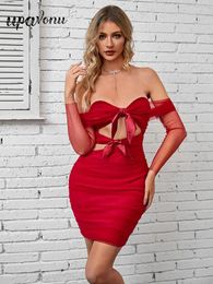 Casual Dresses Sexy Women's Red Dress One Line Neck Tulle Long Sleeve Hollow Bow Design Bodycon Backless Mini Evening Party Vestidos