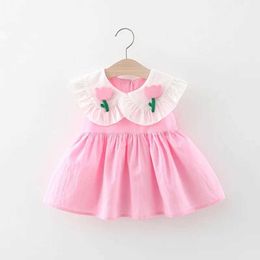 Girl's Dresses Summer girls dress baby girl with lace and large lapel two three-dimensional tulip solid Colour sleeveless dress