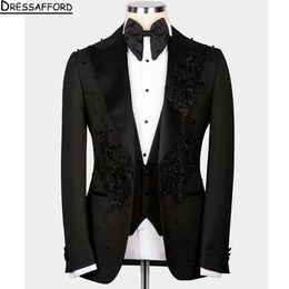 Black Elegant 3D Floral Lace Pearls Men Suits Two Pieces (Jacket+Pants)