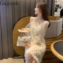 Casual Dresses Gagaok Chiffon Women 2024 Spring Autumn Patchwork Lace Up Stand Midi Dress Vintage French Chic Fashion Vestidos