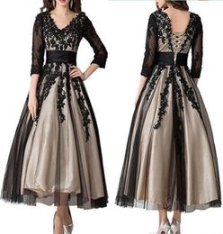 34 Long Sleeves Black Lace Mother of the Bride Dresses Ankle Length V Neck Champagne Lining Wedding Guest Dresses Special Occasio6827494