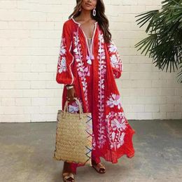 Casual Dresses Oversized Maxi Dress Bohemian Style With V Neck Tassel Detail Flowy A-line Hem Floral Print For Summer Vacation