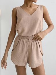 Women's Sleepwear Linad Casual Home Clothes 2 Piece Sets V Neck Sleeveless Nightwear Female Suits With Shorts Solid 2024 Spring