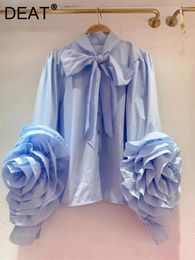 Women's Blouses Women Light Luxury Three-dimensional Flower Temperament Blouse Bowtie Collar Lantern Sleeve Shirts Summer 2024 SM10795