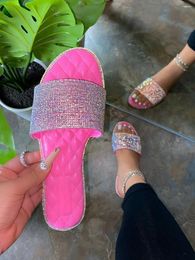 Slippers 2024 Summer Top-Selling Product Fashion Sexy Rhinestones Beach Flat Heel One-Line Sandals Women's Shoes