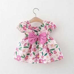 Girl Dresses Baby Girl's Dress Summer Korean Edition Big Flower Bow Short Sleeve Cotton Skirt Fashionable Princess