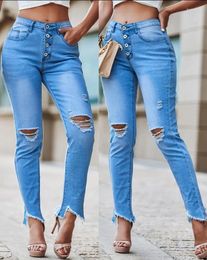 Women's Jeans Fashion Summer Casual Daily Skinny Denim Buttoned Pocket Design High Waist Hole Ripped Cutout Pants