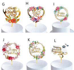 New Home Colored flowers Happy Birthday Cake Topper Golden Acrylic Birthday party Dessert decoration for Baby shower Baking suppli8676071