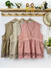 Women's Blouses Mori Summer Lace V-Neck Pullover Sleeveless Vest Sweet Flower Embroidery Loose Top