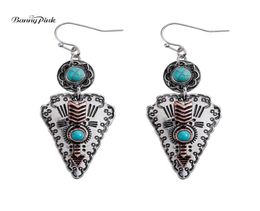 Banny Pink Tribal Turquoises Stone Dangle Earrings For Women Ethnic Metal Arrow Statement Drop Earrings Vintage Stone1086297