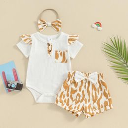 Clothing Sets FOCUSNORM 0-18M 3pcs Baby Girls Summer Clothes Short Sleeve Ribbed Romper Leopard Print Shorts Headband