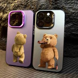 Cell Phone Cases New Cartoon Teddy Bear Couple Matte Laser Phone Case iPhone 13 14 15 12 11 Pro Max 7 8 Plus X XS X RSE 2022 Shock Cap J240426