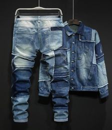 2022 Tracksuits Personality Blue Men039s Sets Mixed Colours Spliced Loose Denim Two Piece Set Long Sleeve Single Breasted Jacket4258712