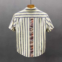 Camicia a maniche corte a strisce per il nuovo prodotto estivo maschile, patchwork stampato, camicia casual pollici, gioventù artistica, ruffiana di cotone puro, bello e alla moda