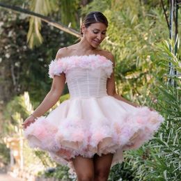 Off Shoulder Light Pink Tulle Ball Gown Ruffled Appliques Ever Pretty Mini Length Party Dresses Customize Plus Size Prom Gown 240415