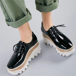 Fitness Shoes 2024 Creepers Women Lace Up Genuine Leather Wedges High Heel Vulcanized Female Square Toe Fashion Sneakers Casual