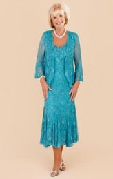 New Elegant Turquoise Plus Size Mother of the Bride Lace Dresses Tea Length Wedding Party Gowns De Los Vestidos De Novia Madrinha7573107