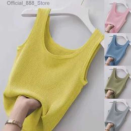 Women's Tanks Camis Summer Basic Knitted Tank Top Solid Colour Round Neck Crop Tops Women Sexy Sleless Camisole T-Shirt Girls Streetwear Tees d240427