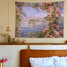 Tapestries Rose Garden Tapestry Retro Oil Painting Background Cloth Art Hanging Cloth Bedroom Bedside Home Renovation Dormitory Tapestries