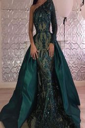 2019 New Luxury Dark Green Evening Dresses One Shoulder Zuhair Murad Dresses Mermaid Sequined Prom Gown With Detachable Train Cust9260385